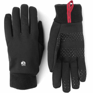 Hestra black gloves with textured grip palms and red pull tab