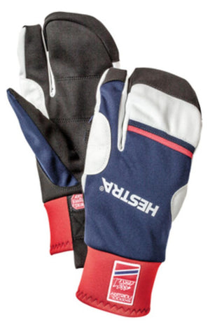 Hestra three finger ski gloves in navy blue white and red