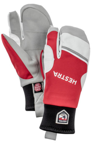 Hestra red and grey three finger ski gloves with black cuffs