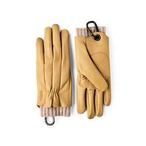 Hestra yellow leather gloves with ribbed cuffs and carabiner clips