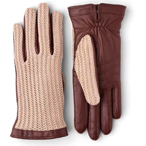 Brown leather and beige crochet knit gloves