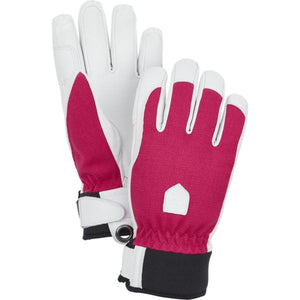 Hestra pink and white leather ski gloves with black cuffs