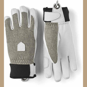 Hestra white and grey leather gloves with black wrist cuffs
