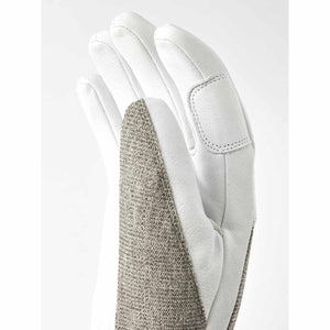 Hestra white leather glove with textured grey fabric palm detail