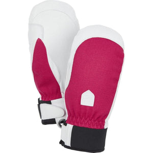 Hestra white and pink winter mittens with black cuffs