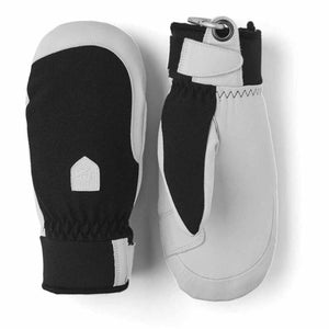 Hestra black and white leather mittens with wrist straps