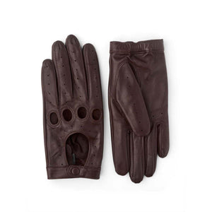 Hestra brown leather driving gloves with knuckle cutouts and perforated details