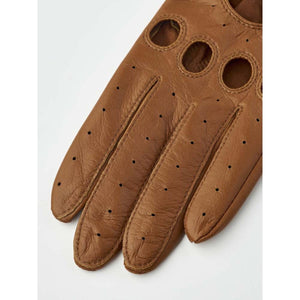 Hestra brown leather driving gloves with knuckle cutouts and finger perforations