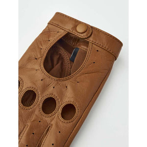 Hestra brown leather driving glove with knuckle cutouts and snap button closure