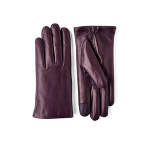 Hestra purple leather gloves shown from front and back views