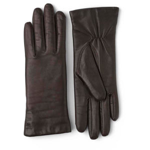Pair of dark brown leather gloves with gathered wrist detail