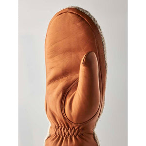 Tan leather mitten with cream wool lining