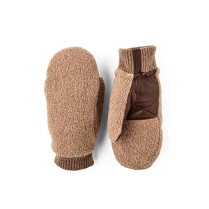 Hestra tan teddy fleece mittens with brown leather palm details and ribbed cuffs