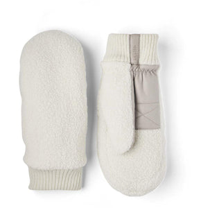 Hestra off white sherpa fleece mittens with ribbed cuffs and grey leather detailing
