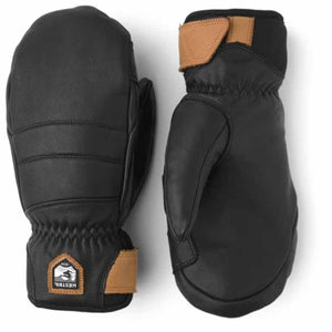 Hestra black leather mittens with tan wrist strap details