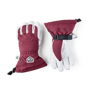 Hestra burgundy and white leather ski gloves with adjustable wrist straps