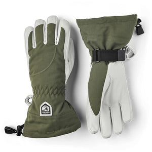 Hestra olive green and grey leather ski gloves with adjustable wrist straps