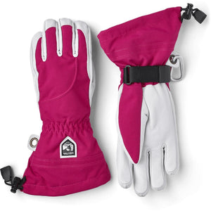 Hestra pink and white leather ski gloves with adjustable wrist straps and drawstring cuffs