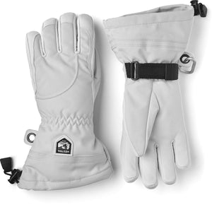 Hestra light grey insulated ski gloves with adjustable wrist straps and logo patch