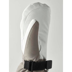 Hestra white and grey leather mitten with adjustable wrist strap