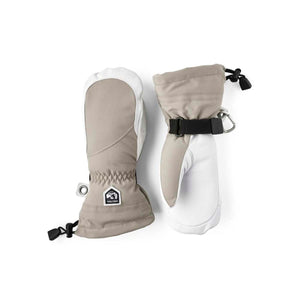 Hestra beige and white winter mittens with adjustable wrist straps and carabiner