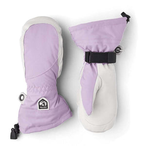Hestra lilac and white winter mittens with adjustable wrist strap
