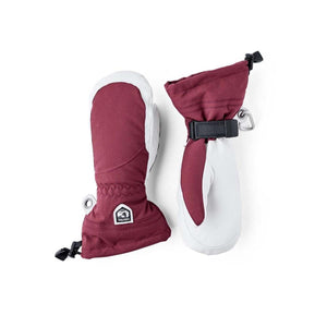 Hestra burgundy and white winter mittens with adjustable wrist straps