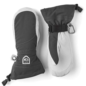 Hestra grey and white insulated mittens with wrist straps and carabiner