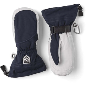 Hestra navy and grey insulated winter mittens with adjustable wrist straps and carabiner clips