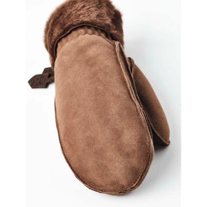 Brown Hestra suede mitten with faux fur cuff