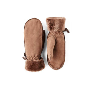 Hestra brown suede mittens with faux fur cuffs