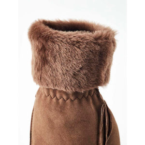 Hestra brown suede glove cuff with faux fur trim