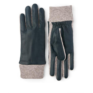 Hestra dark blue leather gloves with beige knit cuffs