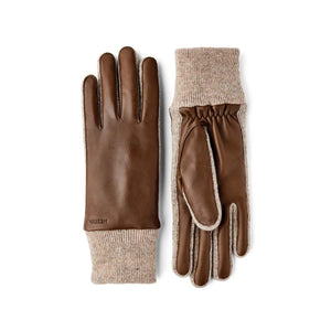 Hestra brown leather gloves with beige ribbed knit cuffs