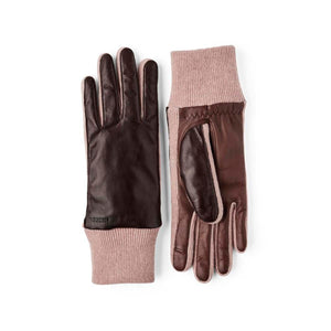 Hestra brown leather gloves with pink knit cuffs