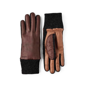 Hestra brown leather gloves with dark grey knit cuffs