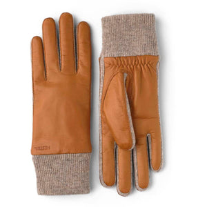 Hestra tan leather gloves with beige knit cuffs