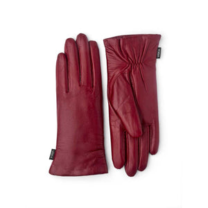 Pair of Hestra red leather gloves with gathered wrist detail
