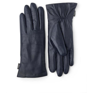 Hestra navy blue leather gloves with gathered wrist detail