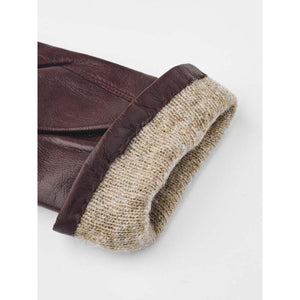 Hestra brown leather glove cuff with beige knit lining