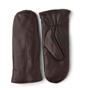 Pair of dark brown leather mittens with stitched detailing on the back