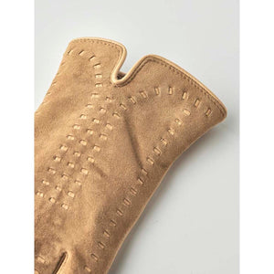 Tan suede glove with decorative stitched detailing on the cuff