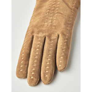Tan suede glove with decorative stitched detailing on the fingers and back
