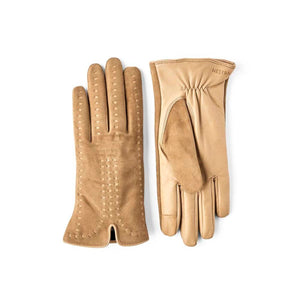 Hestra tan suede and leather gloves with decorative stitching