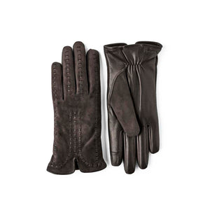 Hestra brown leather gloves with decorative stitching on the back