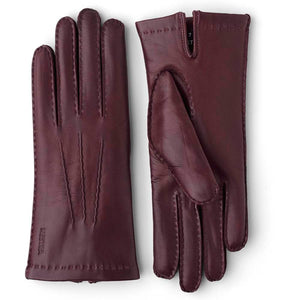 Hestra burgundy leather gloves with decorative stitching