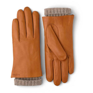 Hestra tan leather gloves with grey ribbed knit cuffs