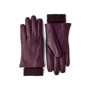 Hestra purple leather gloves with ribbed knit cuffs