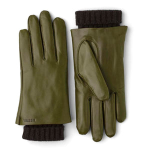 Hestra olive green leather gloves with dark brown ribbed cuffs