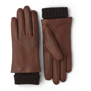 Hestra brown leather gloves with dark ribbed cuffs